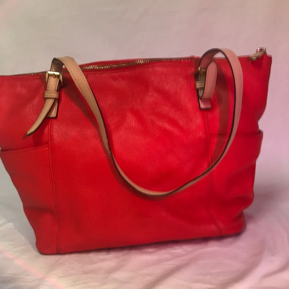 Michael Kors Coral Leather Tote Bag with Gold MK Charm